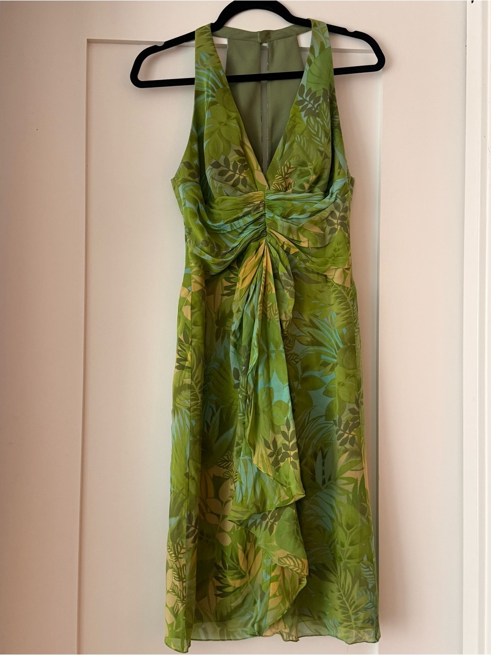 Kay Unger Green Tropical Halter Midi Dress 100% Silk Size 2